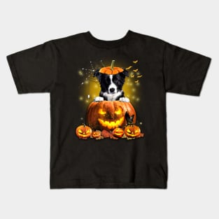 Border Collie Spooky Halloween Pumpkin Dog Head Kids T-Shirt